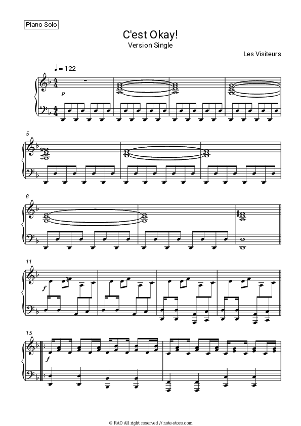 C'est Okay! (Version Single) - Les Visiteurs Piano Sheet Music - Piano.Solo