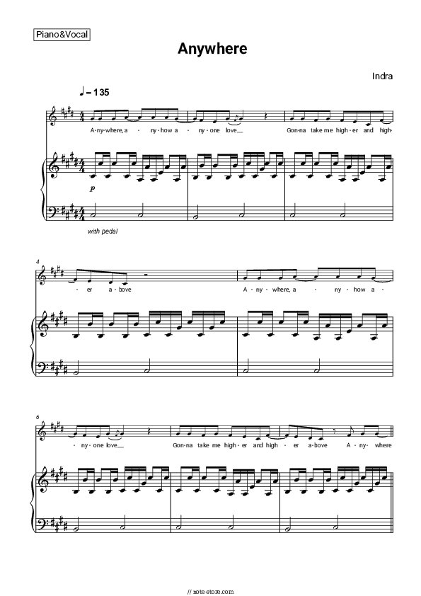 Anywhere - Indra Piano Sheet Music with the Voice part - Piano&Vocal