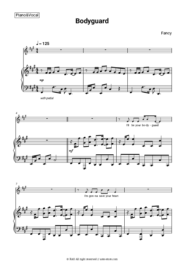 Bodyguard - Fancy Piano Sheet Music with the Voice part - Piano&Vocal