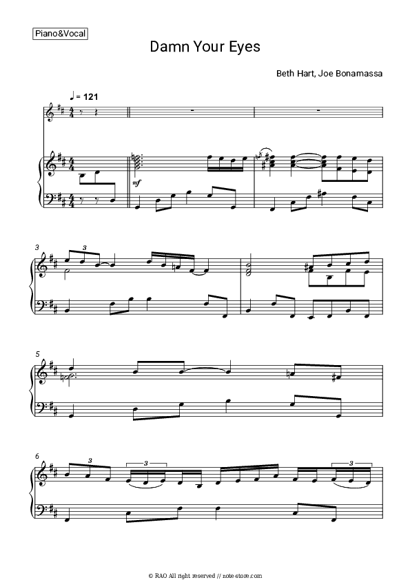 Damn Your Eyes - Beth Hart, Joe Bonamassa Piano Sheet Music with the Voice part - Piano&Vocal