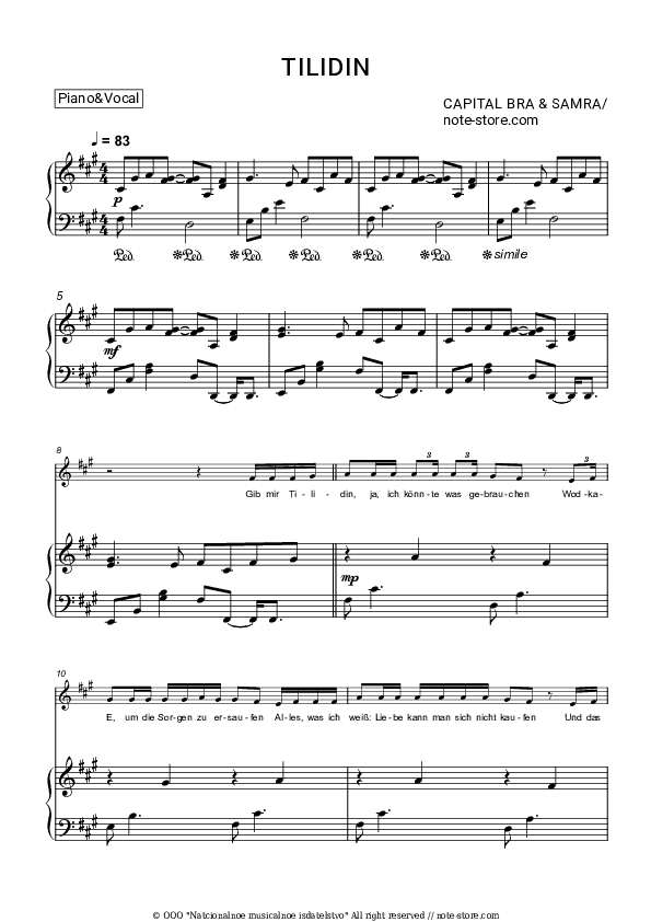 Tilidin - Capital Bra, Samra Piano Sheet Music with the Voice part - Piano&Vocal