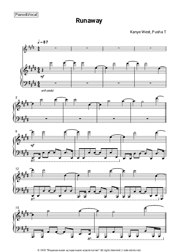 Runaway - Kanye West, Pusha T Piano Sheet Music with the Voice part - Piano&Vocal