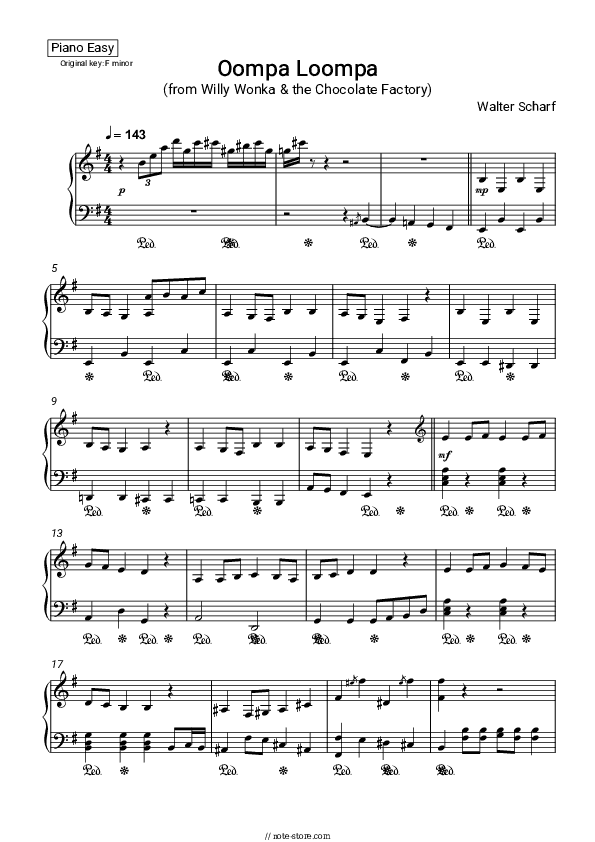 Oompa Loompa (from Willy Wonka & the Chocolate Factory) - Walter Scharf Piano Sheet Music Easy - Piano.Easy