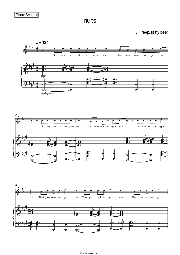 nuts - Lil Peep, rainy bear Piano Sheet Music with the Voice part - Piano&Vocal