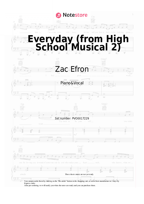 Everyday (from High School Musical 2) - Zac Efron, Vanessa Hudgens Piano Sheet Music with the Voice part - Piano&Vocal