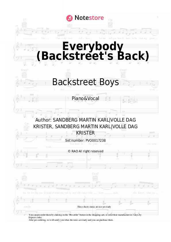 Everybody (Backstreet's Back) - Backstreet Boys Piano Sheet Music with the Voice part - Piano&Vocal