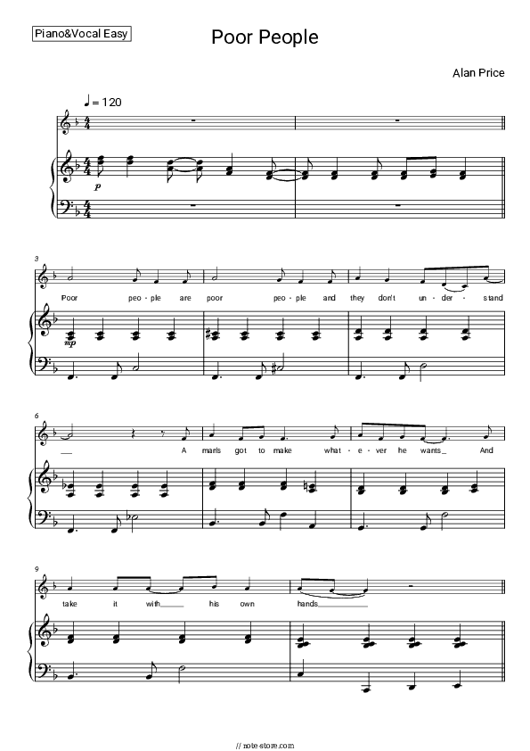 Poor People - Alan Price Piano Sheet Music Easy and Vocal - Piano&Vocal.Easy