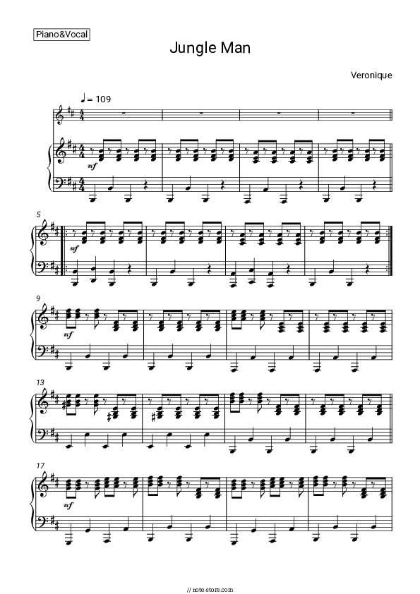 Jungle Man - Veronique Piano Sheet Music with the Voice part - Piano&Vocal