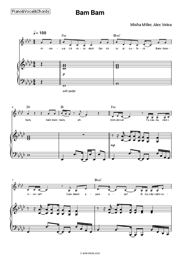 Bam Bam - Misha Miller, Alex Velea Piano Sheet Music with the Vocal and Chords - Piano&Vocal&Chords