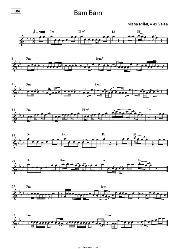 Bam Bam - Misha Miller, Alex Velea Flute Sheet Music - Flute