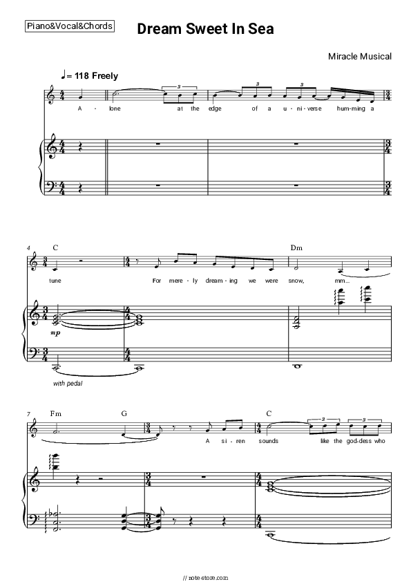 Dream Sweet In Sea Major - Miracle Musical Piano Sheet Music with the Vocal and Chords - Piano&Vocal&Chords