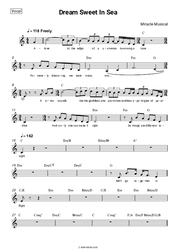 Dream Sweet In Sea Major - Miracle Musical Vocal Sheet Music - Vocal