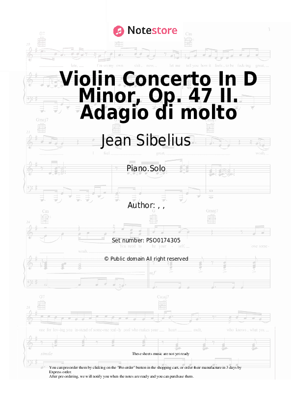 Violin Concerto In D Minor, Op. 47 II. Adagio di molto - Jean Sibelius Piano Sheet Music - Piano.Solo