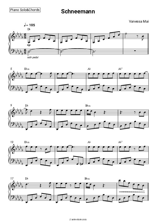 Schneemann - Vanessa Mai Piano Sheet Music and Chords - Piano.Solo&Chords