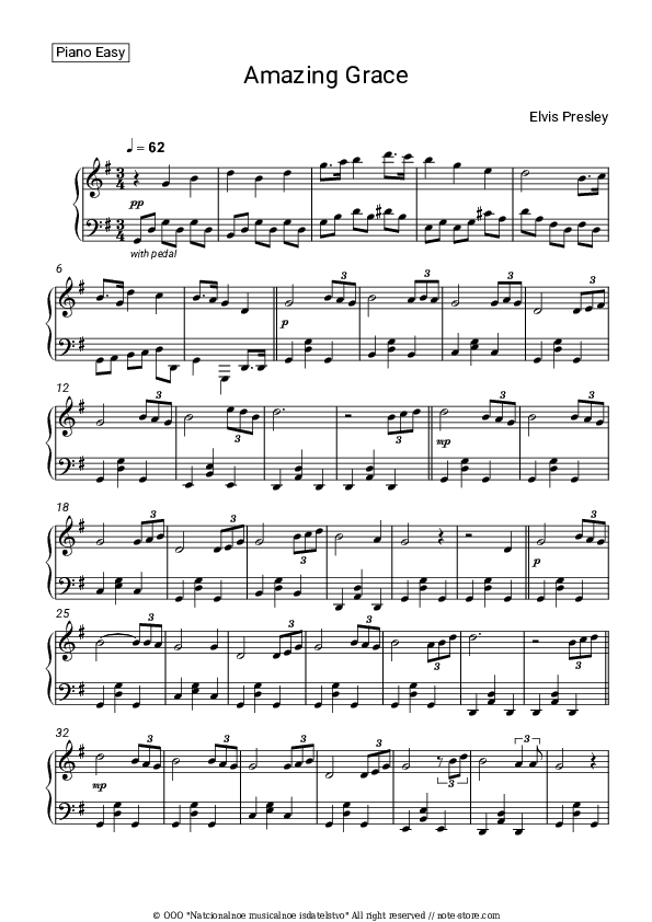 Amazing Grace - Elvis Presley Piano Sheet Music Easy - Piano.Easy