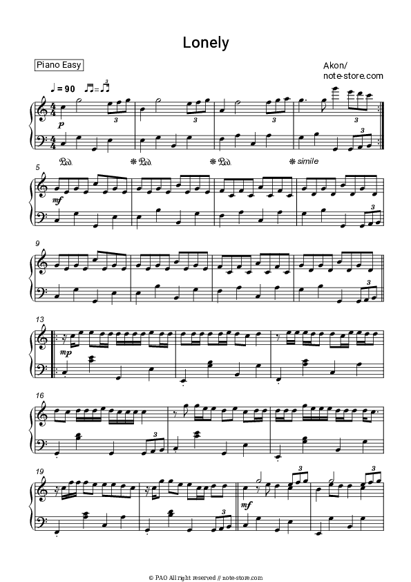 Lonely - Akon Piano Sheet Music Easy - Piano.Easy