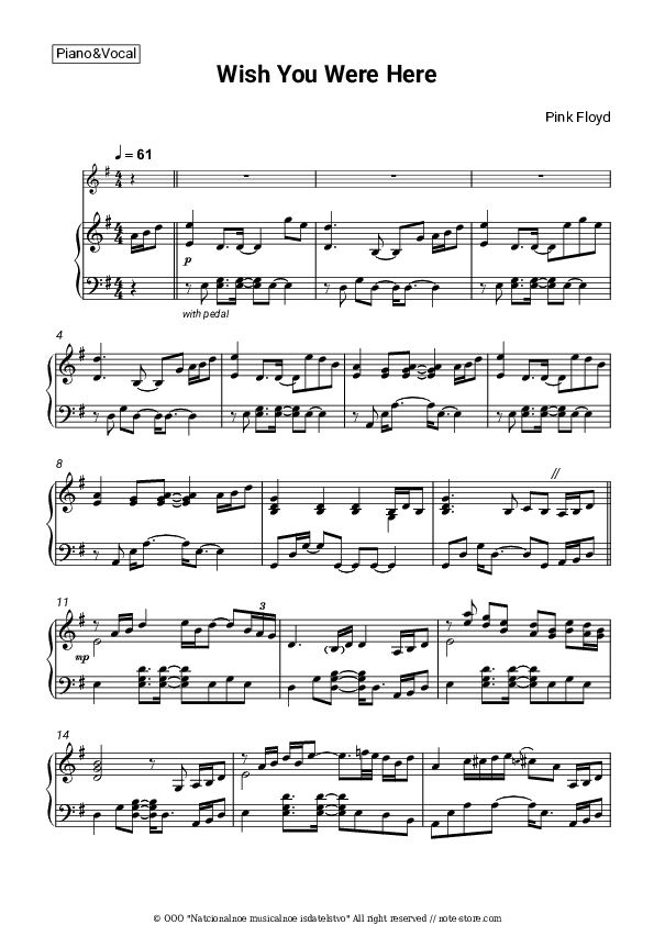 Wish You Were Here - Pink Floyd Piano Sheet Music with the Voice part - Piano&Vocal