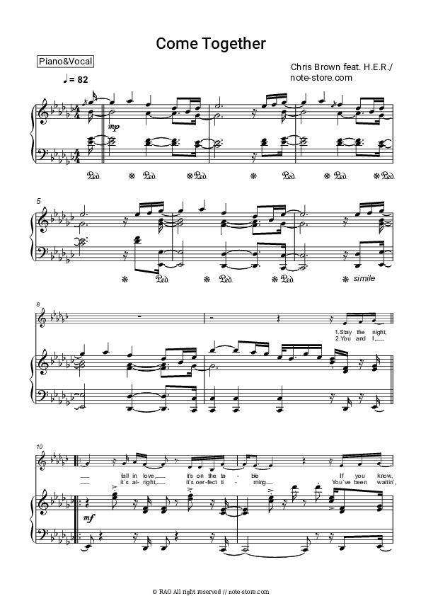 Come Together - Chris Brown, H.E.R. Piano Sheet Music with the Voice part - Piano&Vocal