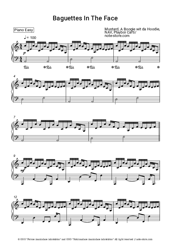 Baguettes In The Face - Mustard, A Boogie wit da Hoodie, NAV, Playboi Carti Piano Sheet Music Easy - Piano.Easy