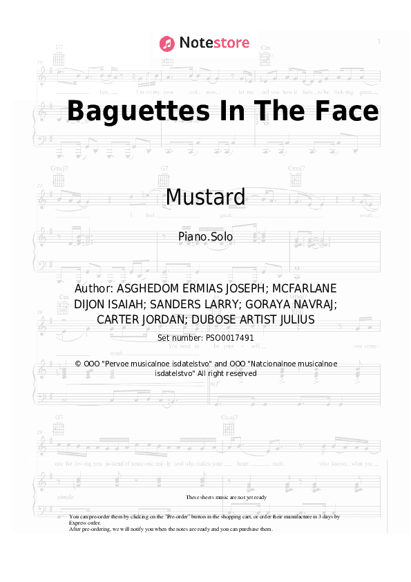 Baguettes In The Face - Mustard, A Boogie wit da Hoodie, NAV, Playboi Carti Piano Sheet Music - Piano.Solo