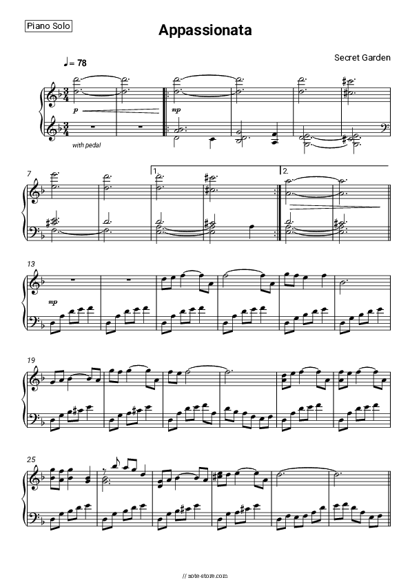 Appassionata - Secret Garden Piano Sheet Music - Piano.Solo