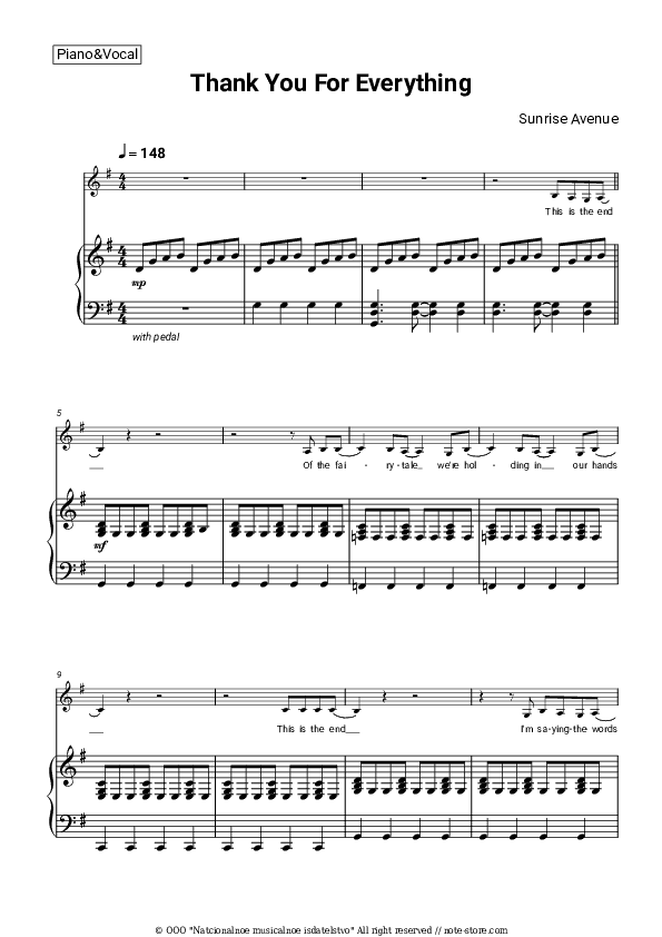 Thank You For Everything - Sunrise Avenue Piano Sheet Music with the Voice part - Piano&Vocal