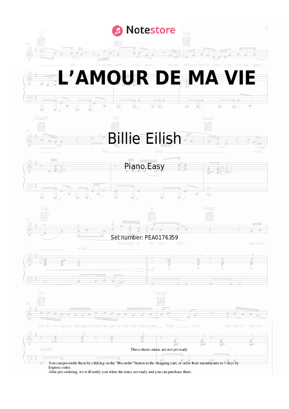 L’AMOUR DE MA VIE - Billie Eilish Piano Sheet Music Easy - Piano.Easy