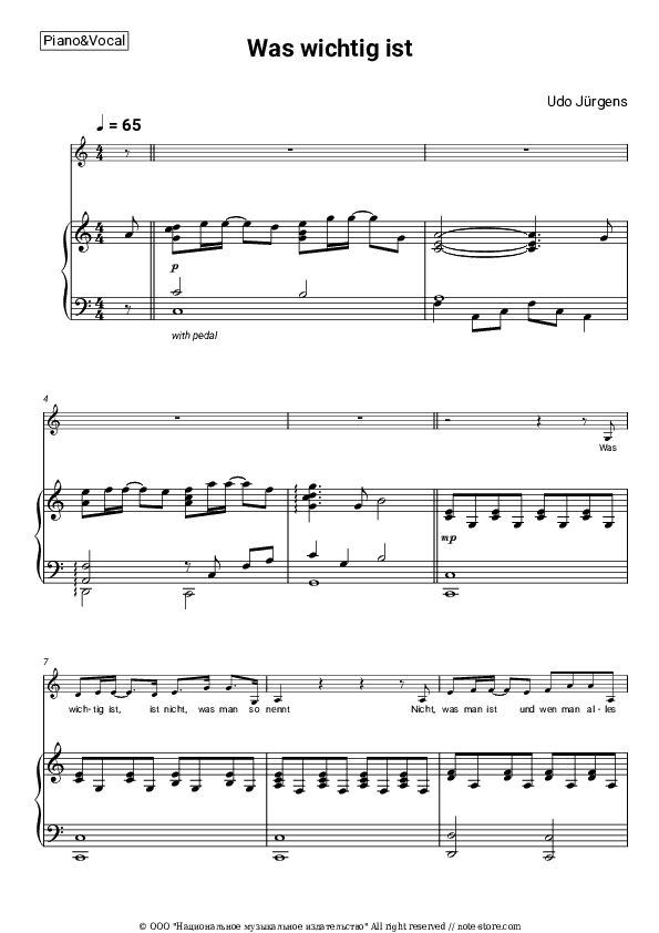 Was wichtig ist - Udo Jürgens Piano Sheet Music with the Voice part - Piano&Vocal