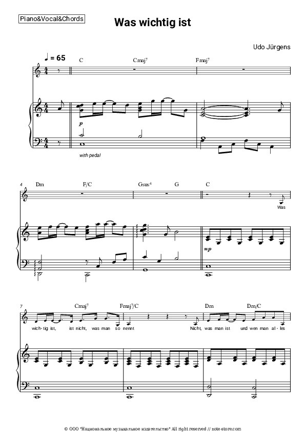 Was wichtig ist - Udo Jürgens Piano Sheet Music with the Vocal and Chords - Piano&Vocal&Chords