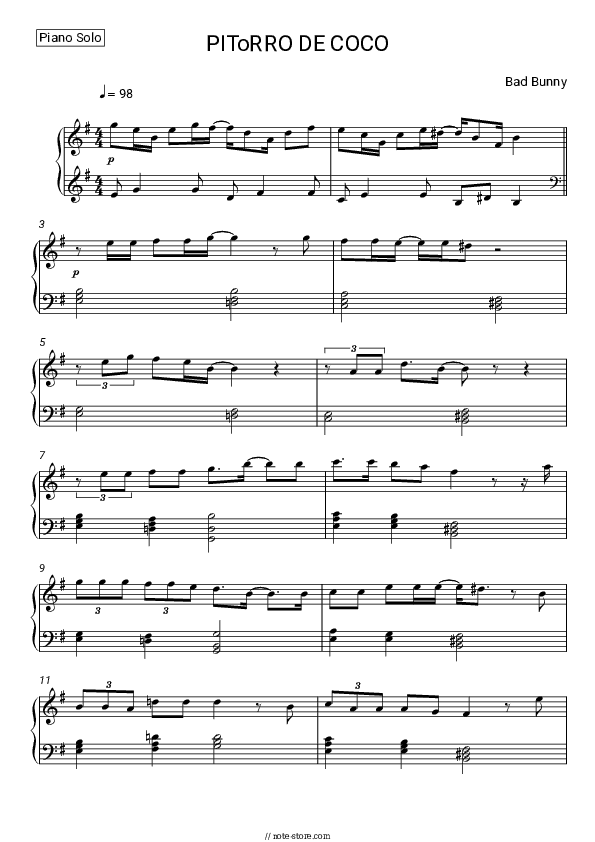 PIToRRO DE COCO - Bad Bunny Piano Sheet Music - Piano.Solo