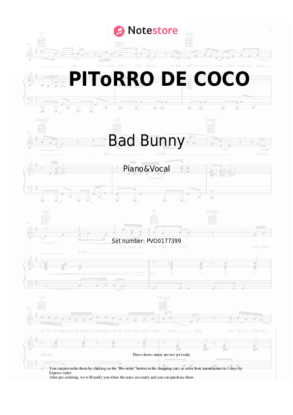 PIToRRO DE COCO - Bad Bunny Piano Sheet Music with the Voice part - Piano&Vocal