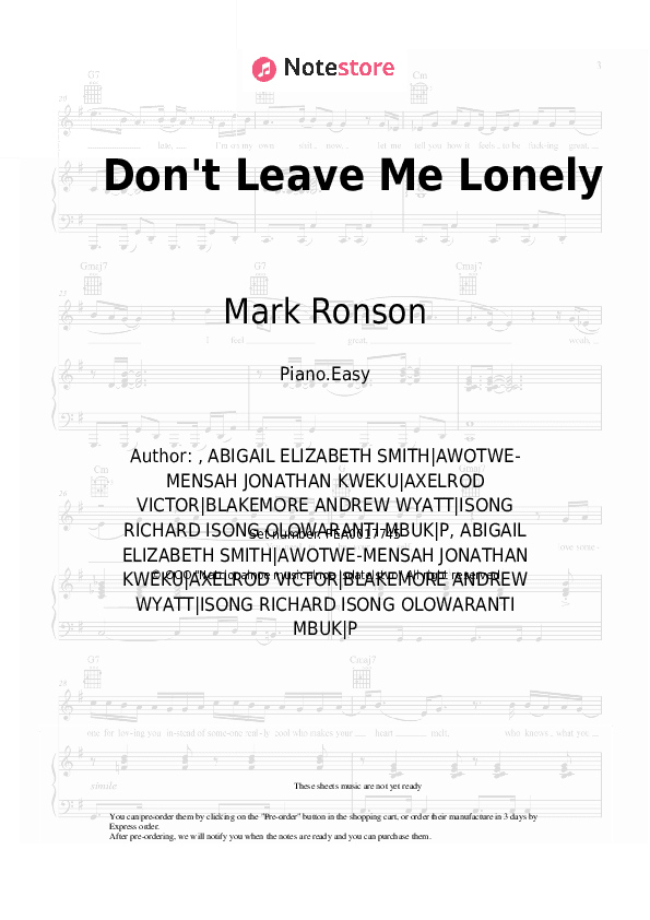 Don't Leave Me Lonely - Mark Ronson, YEBBA Piano Sheet Music Easy - Piano.Easy