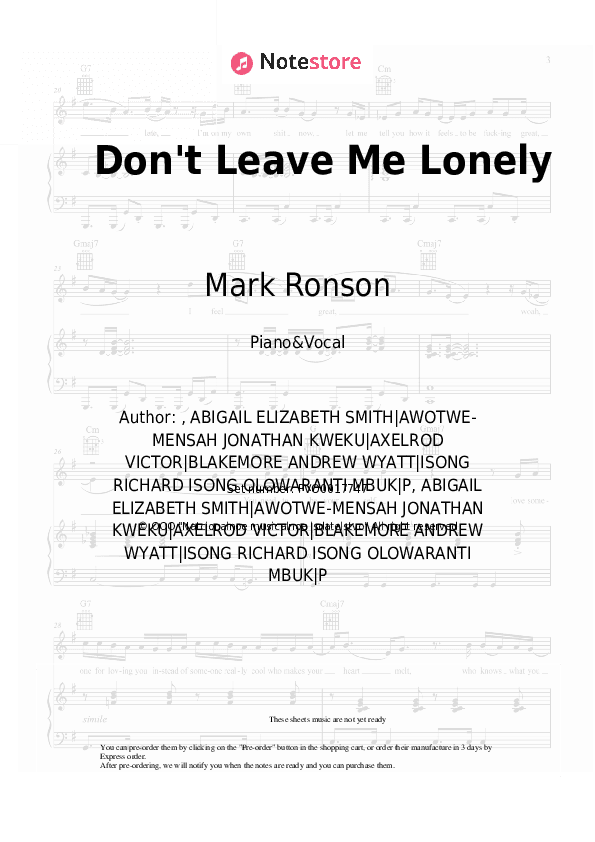 Don't Leave Me Lonely - Mark Ronson, YEBBA Piano Sheet Music with the Voice part - Piano&Vocal