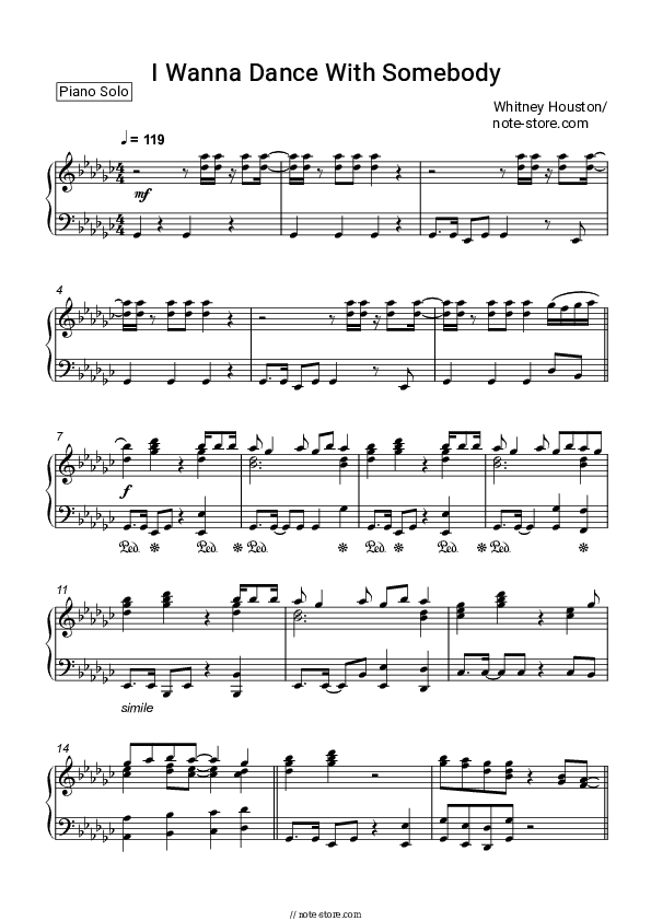 I Wanna Dance With Somebody - Whitney Houston Piano Sheet Music - Piano.Solo