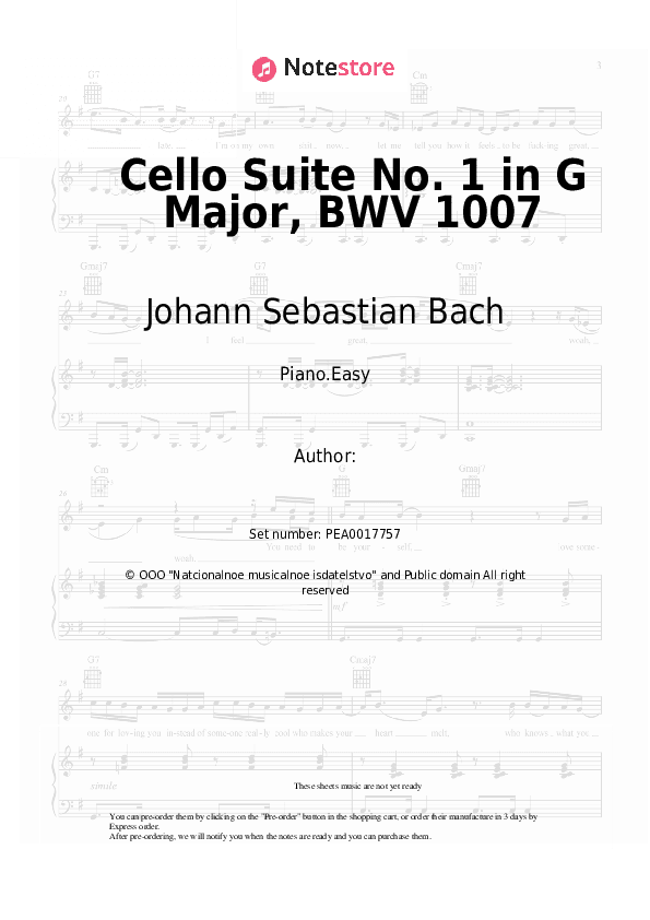 Cello Suite No. 1 in G Major, BWV 1007: I. Prelude - Johann Sebastian Bach Piano Sheet Music Easy - Piano.Easy