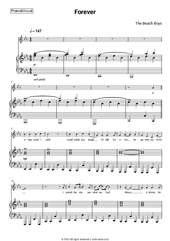 Forever - The Beach Boys Piano Sheet Music with the Voice part - Piano&Vocal