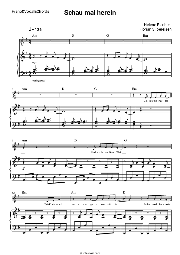 Schau mal herein - Helene Fischer, Florian Silbereisen Piano Sheet Music with the Vocal and Chords - Piano&Vocal&Chords