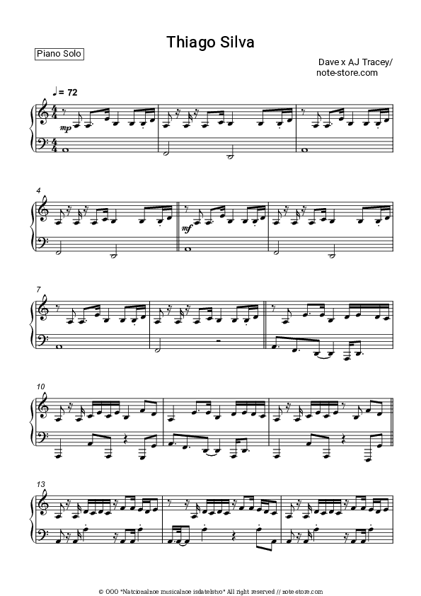 Thiago Silva - Dave, AJ Tracey Piano Sheet Music - Piano.Solo