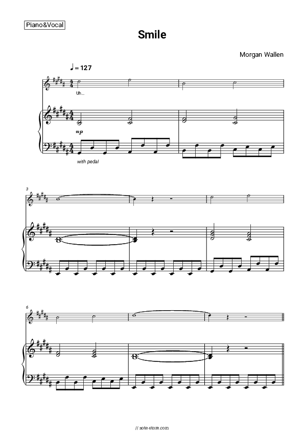 Smile - Morgan Wallen Piano Sheet Music with the Voice part - Piano&Vocal