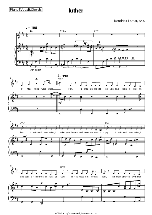 luther - Kendrick Lamar, SZA Piano Sheet Music with the Vocal and Chords - Piano&Vocal&Chords