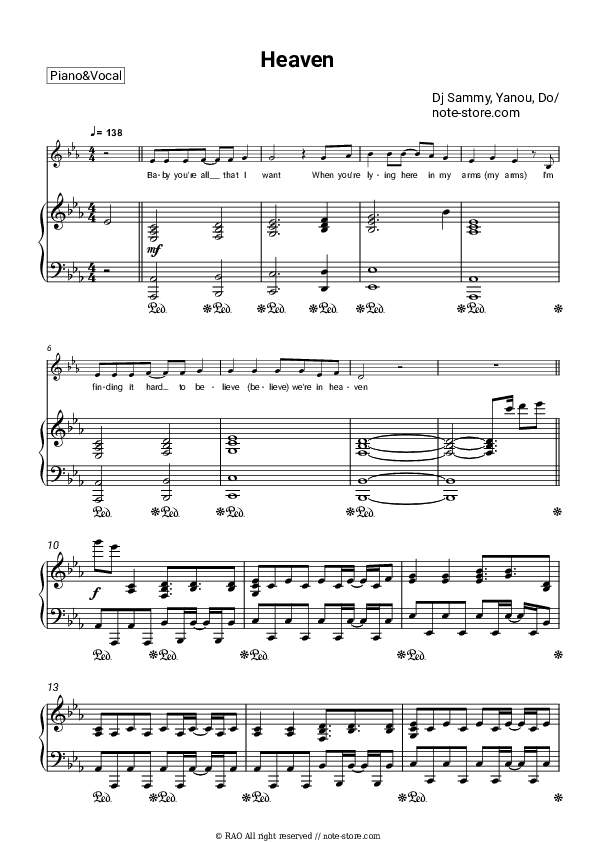 Heaven - Dj Sammy, Yanou, Do Piano Sheet Music with the Voice part - Piano&Vocal