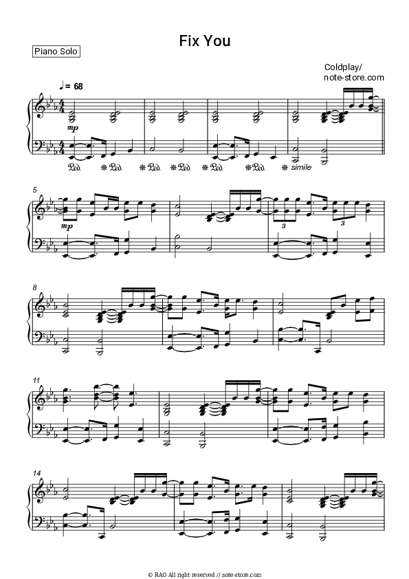 Fix You - Coldplay Piano Sheet Music - Piano.Solo