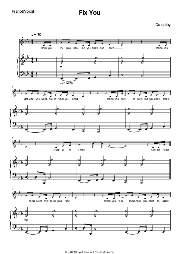 Fix You - Coldplay Piano Sheet Music with the Voice part - Piano&Vocal