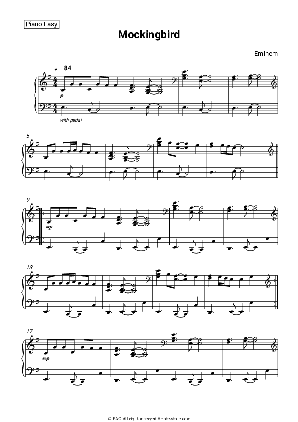 Mockingbird - Eminem Piano Sheet Music Easy - Piano.Easy