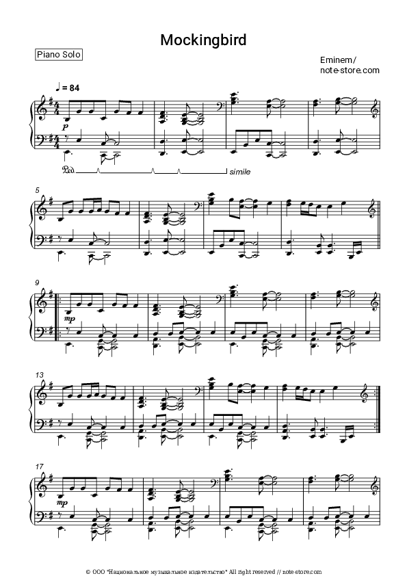 Mockingbird - Eminem Piano Sheet Music - Piano.Solo