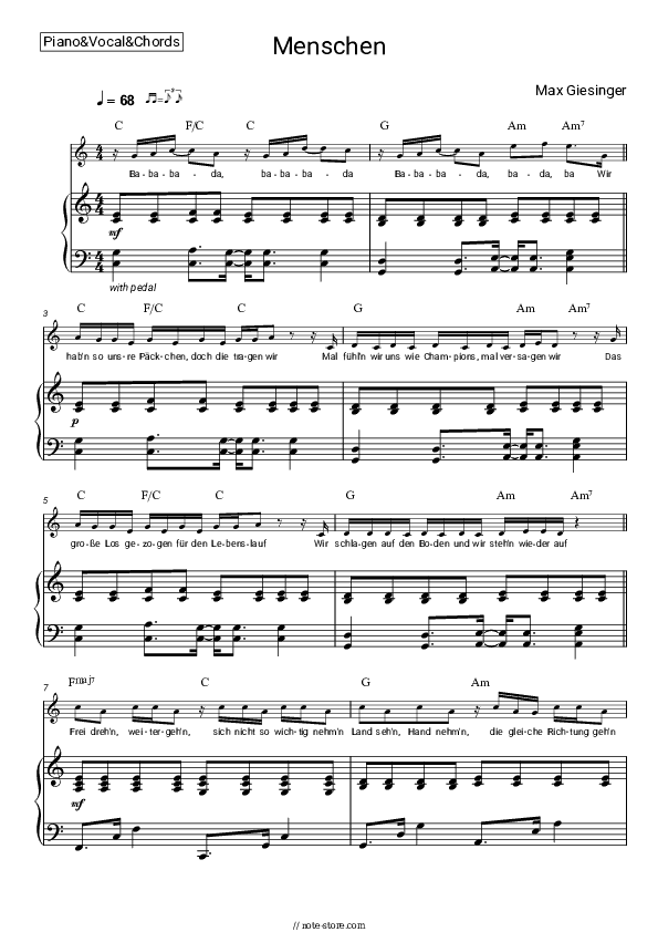 Menschen - Max Giesinger Piano Sheet Music with the Vocal and Chords - Piano&Vocal&Chords