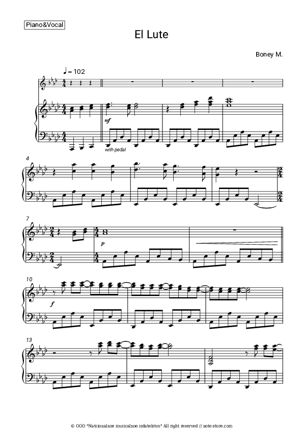 El Lute - Boney M Piano Sheet Music with the Voice part - Piano&Vocal