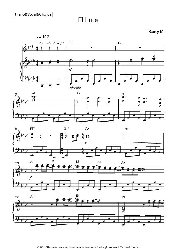 El Lute - Boney M Piano Sheet Music with the Vocal and Chords - Piano&Vocal&Chords