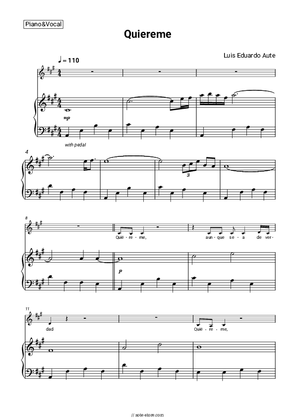 Quiereme - Luis Eduardo Aute Piano Sheet Music with the Voice part - Piano&Vocal