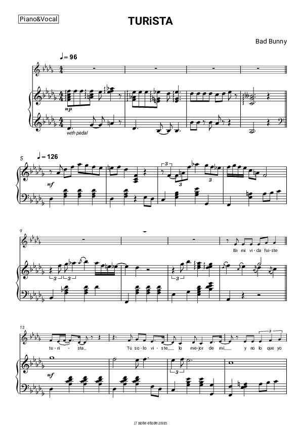 TURiSTA - Bad Bunny Piano Sheet Music with the Voice part - Piano&Vocal